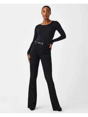 SPANX Flare Jeans High Rise Pull On Dark Wash Stretch Denim Size 1X Tall Shaping